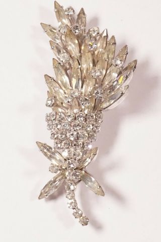 Vintage Sherman Signed Clear Flower Rhinestone Crystals Large Brooch Pm - 4