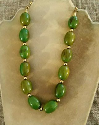 Chunky Vintage Marbled Apple Green/yellow Oval Bakelite Bead Necklace & Earrings
