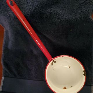 Vintage Ladle Metal Red And White Porcelain Enamelware