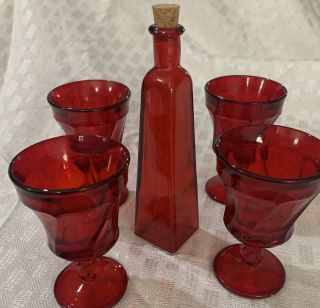 Vintage Red Stemmed Glasses With Matching Decanter