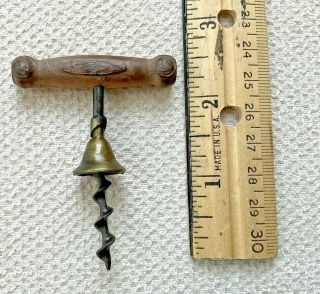 Vintage Wooden Handled Miniature Cork Screw Brass Closed Bell