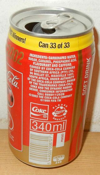 2002 COCA COLA World Cup Soccer Champion BRASIL can from SOUTH AFRICA (340ml) 3