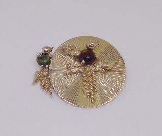 Vintage Signed Boucher Brooch Pin 2 Birds Glass Green Amber Belly Circle