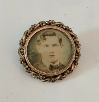 Victorian Gold Filled Mini Portrait Mourning Brooch Pin Young Man