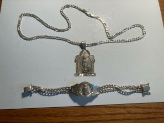 Vintage Sterling Silver Religious 21 " Necklace & 7 " Bracelet.  925 Italy