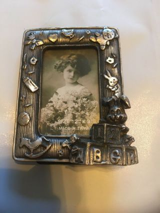 Vintage Mini Picture Frame Metal Pewter For Baby Photo,  Animals.  Blocks Toys
