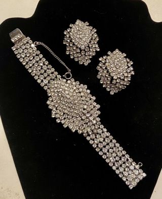 Signed Weiss Vintage Clear Rhinestone Wide Bracelet And Matching Dangle Earrings