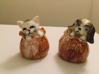 Vintage Ceramic Puppy And Kitten In Basket Bag Salt Pepper Shakers Cat Dog