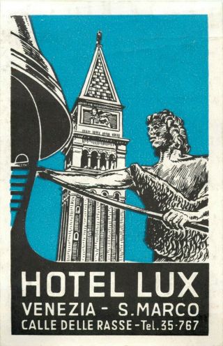 Hotel Lux Venezia - Venice Italy Old Luggage Label,  Circa 1955
