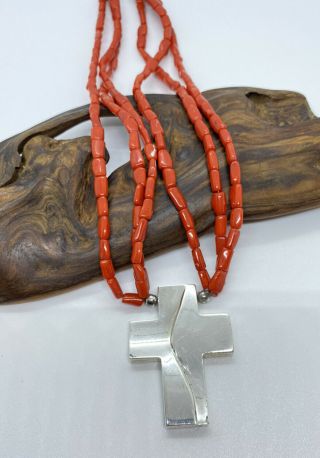 Jay King Mine Finds Dtr 3 Strand Red Coral Sterling Silver Cross Necklace.  18”.