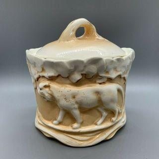 Vintage Czechoslovakia Pottery Ceramic Lidded Jar With Lions