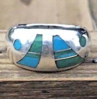 Mosaic Sterling Silver Turquoise Inlay Modernist Design Band Ring Signed Size 6