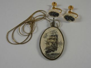Etched Antler Tall Sailing Ship Scrimshaw Pendant Necklace Matching Earrings