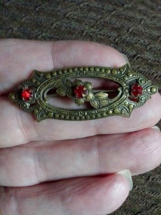 Vintage Bronzetone Red Garnet Stone Victorian Style Bar Pin Brooch