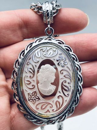 Vintage Whiting & Davis Crystal Cameo Intaglio Pendant Silver Necklace Signed