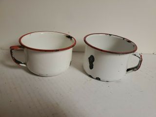 Vintage Collector Enamel Ware Cups White Red Trim