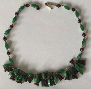 Vintage Western Germany Art Deco Tiger Eye & Green Glass Necklace Choker Signed