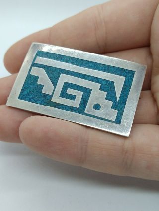 Vintage Heavy Taxco Mexico Sterling Silver Turquoise Inlay Brooch Pin Pendant