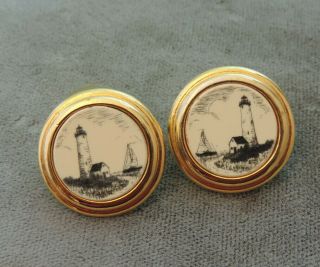Barlow Imitaiton Scrimshaw Light House Sail Boat Gold Tone Button Earrings Ch 47