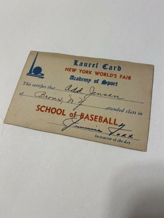 Estate Rare Vintage Jimmie Foxx Signed 1939 York World Fair Laurel Card