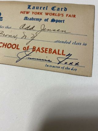 Estate Rare Vintage Jimmie Foxx Signed 1939 York World Fair Laurel Card 3