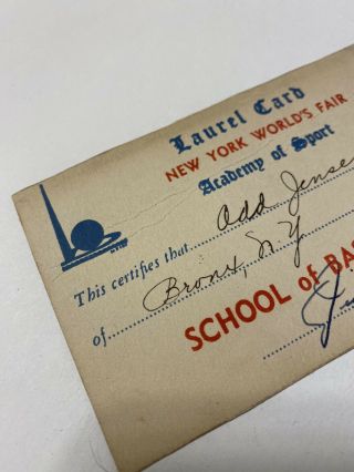 Estate Rare Vintage Jimmie Foxx Signed 1939 York World Fair Laurel Card 4