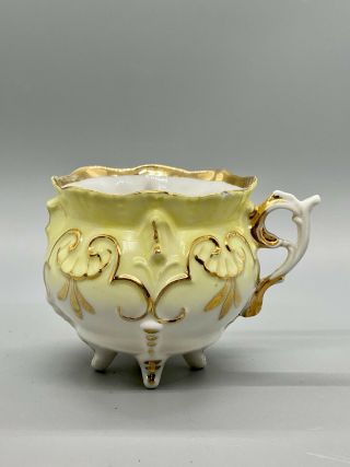 Vintage Antique Porcelain 4 Footed Tea Cup White Yellow Hand Painted Gold Detail