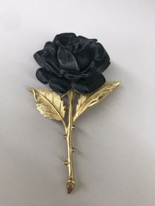 Vintage Crown Trifari Designer Signed Black Rose Figural Flower Brooch / Pin