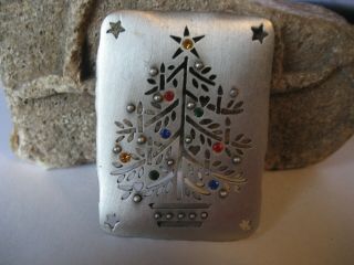 Vintage Signed Jj Rhinestone Christmas Tree - On Silver Toned Square Frame - C Thru