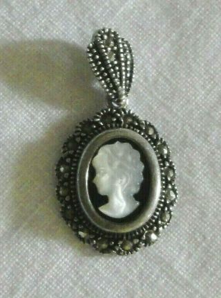 Vtg Art Deco 925 Sterling Silver Oval Cameo Marcasite Onyx Mother Pearl Pendant