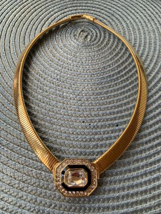 Vintage Trifari Gold Tone Snake Chain Choker W/ Rhinestone