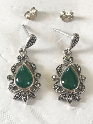 Vtg Art Deco 925 Sterling Silver Marcasite Green Onyx Tear Drop Dangle Earrings