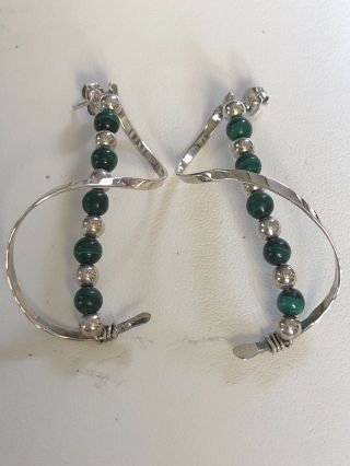 Vintage Art Deco Sterling Silver Green Onyx &silver Balls Dangle Pierced Earring