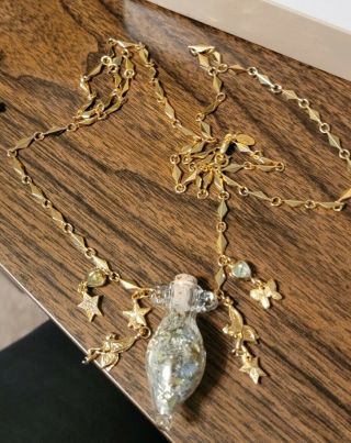 Rare Kirks Folly Twin Angels Fairy Dust Glass Bottle Gold Tone Necklace