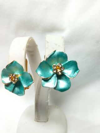 Vintage Aqua (light Blue Green) Enamel & Clear Rhinestone Flower Clip Earrings