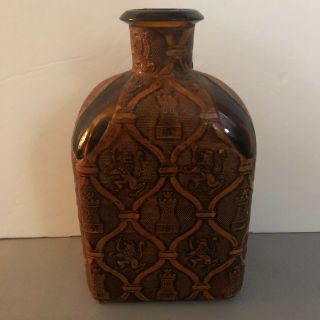 Vintage Leather Covered Amber Bottle Decanter Rampant Lion & Castle Motif