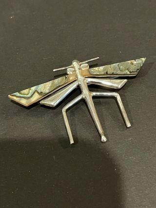 Vtg Modernist Taxco Sterling Silver Dragonfly Brooch W/ Abalone Wings - Nr