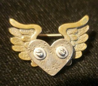 Vintage Mixed Metals Angel Wings Heart Brooch Pin Signed