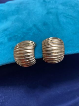 Vintage Givenchy Signed Ribbed Half Hoop Clip - On Earrings Paris Ny Chunky Golden