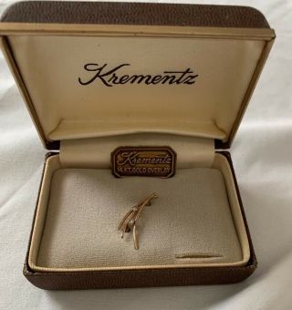 Vintage 14k Gold Overlay Krementz Brooch Clear Rhinestones Includes Or Box