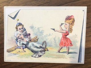 Victorian Trade Card - Blank - Woman With Two Pistols - Shoot Lover Or Herself