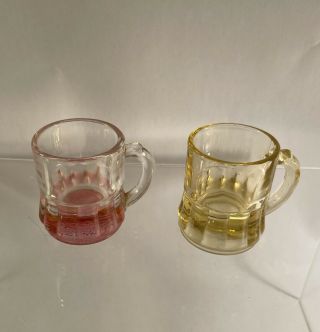 2 Vintage Federal Glass Mini Mug Shot Glasses With Handle 1 - 7/8” Tall