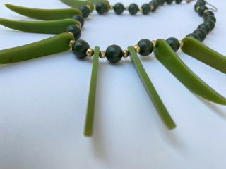 Two - Tone Green Bakelite Necklace With Brass Tone Beads