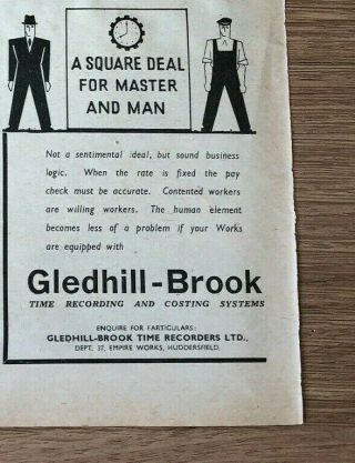 (sta89) Advert 5x4 " Use Gledhill - Brook,  For Time Recording And Costing Systems