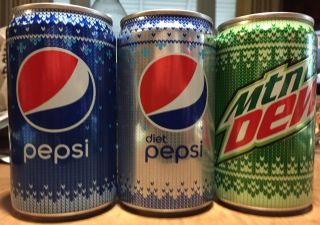 2018 Set 3 Christmas Snowflake Pepsi,  Diet Pepsi Mountain Dew 7.  5 Oz.  Can Empty