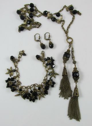Victorian Look Black Glass Beads&burnished Gold Necklace Bracelet&earrings Set