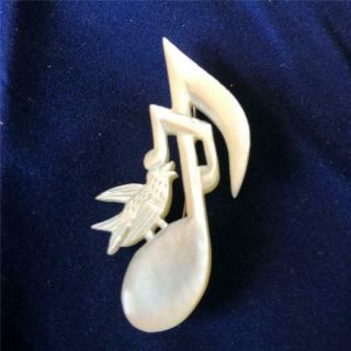 Vintage Carved Mother Of Pearl Brooch With Music Note And Bird