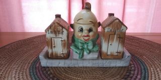 Humpty Dumpty Mustard Jelly Jar With Outhouse Salt And Pepper Shakers Japan