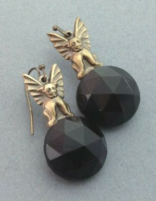Gargoyle Earrings Gothic Jewelry Antique Black French Jet Glass Stones