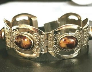☀️ Stunning Vintage Taxco Silver Gemstone Cabochon Panel Bracelet